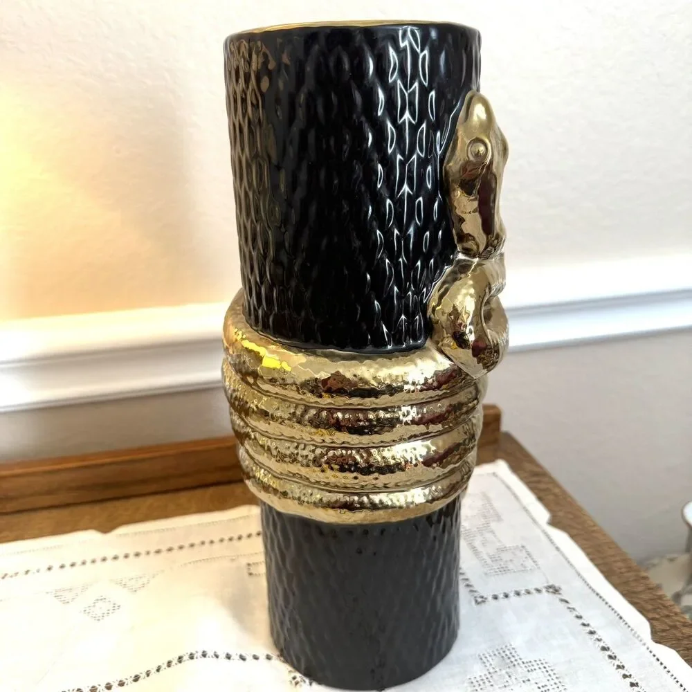 Vintage Black Gold Snake Serpent Vase 12” Hollywood Regency Maximalist Decor